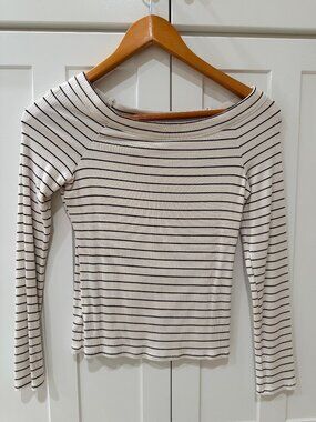 LOFT Off Shoulder Striped Ribbed Top White Black Size S